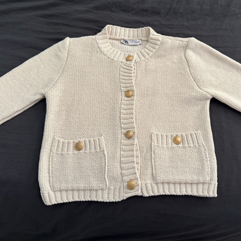 Zara Ivory Knit Cardigan with Brass Accents